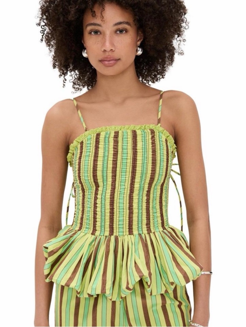 Damson Madder Bethan Striped Green Ruched Peplum Cami Top 6 (UK 10)